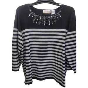 Alfred Dunner Women's Striped Shimmer Silver Black Rhinestone Sweater Size 1X